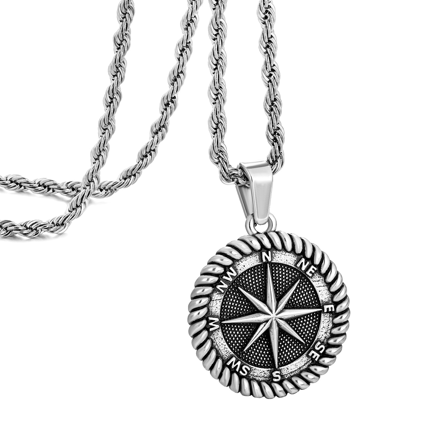 Antique Silver  Compass Pendant Necklace Twisted Rope Chain N00593