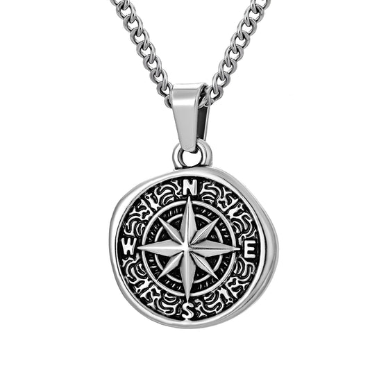 Antique Silver Compass Pendant Necklace Curb Chain N00700