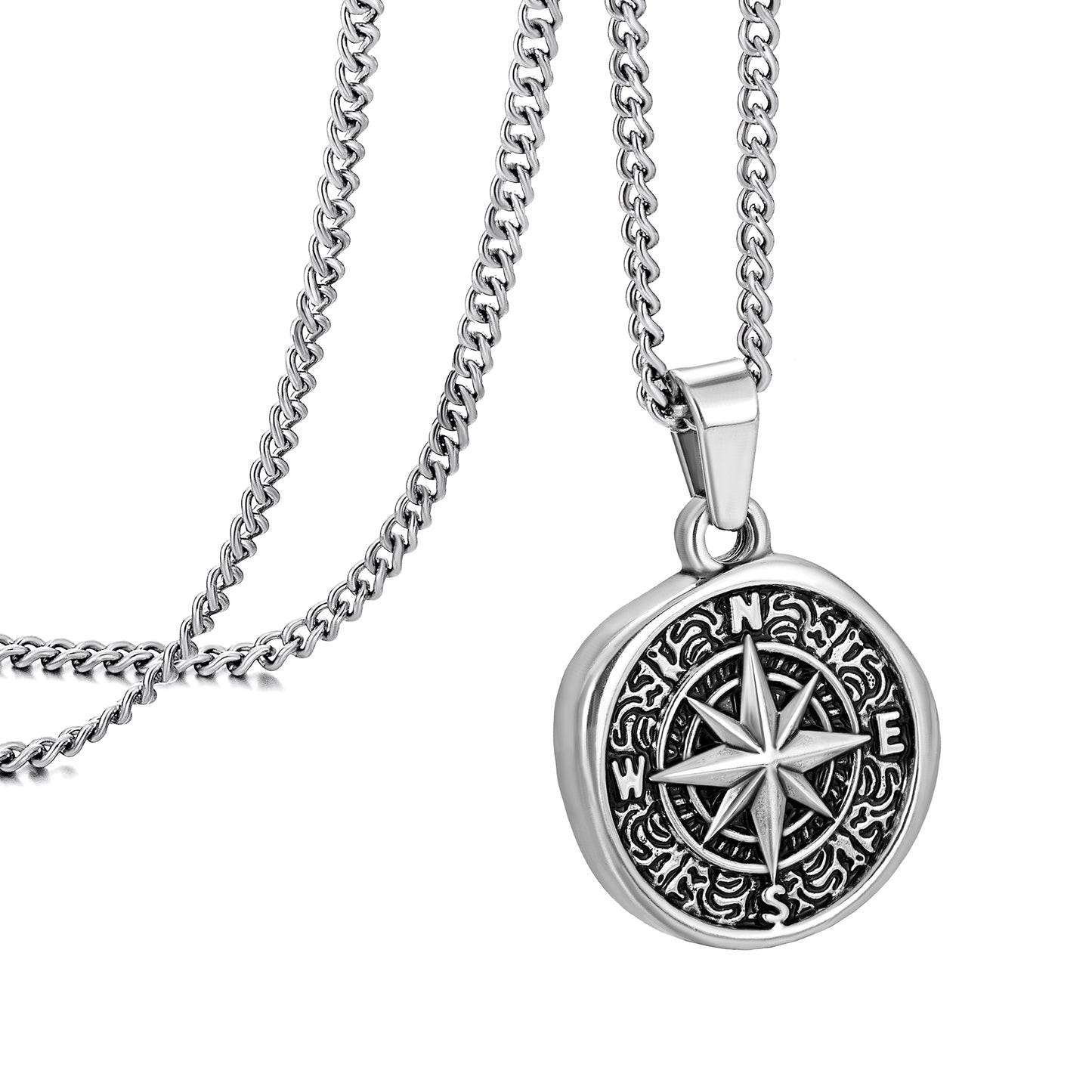 Antique Silver Compass Pendant Necklace Curb Chain N00700