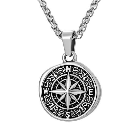 Antique Silver  Compass Pendant Necklace Wheat Chain N00704