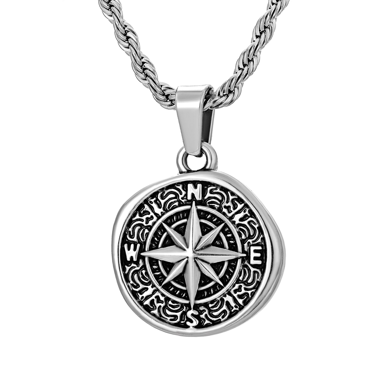 Antique Silver Compass Pendant Necklace Twisted Rope Chain N00703