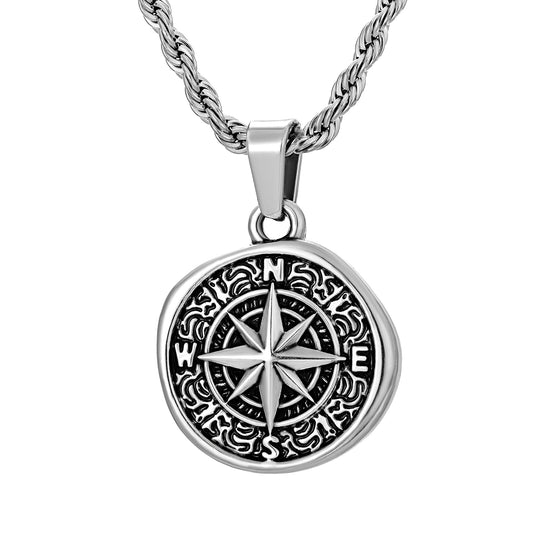 Antique Silver Compass Pendant Necklace Twisted Rope Chain N00703