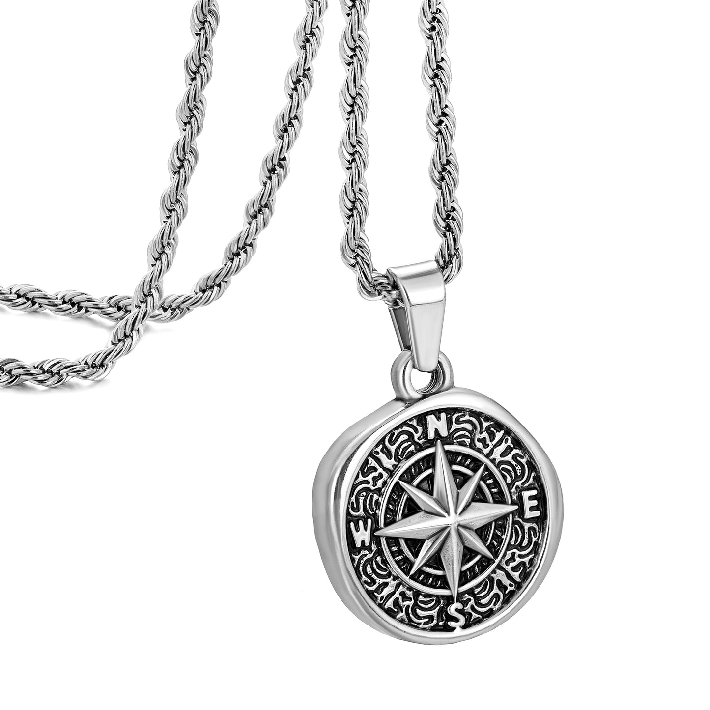 Antique Silver Compass Pendant Necklace Twisted Rope Chain N00703