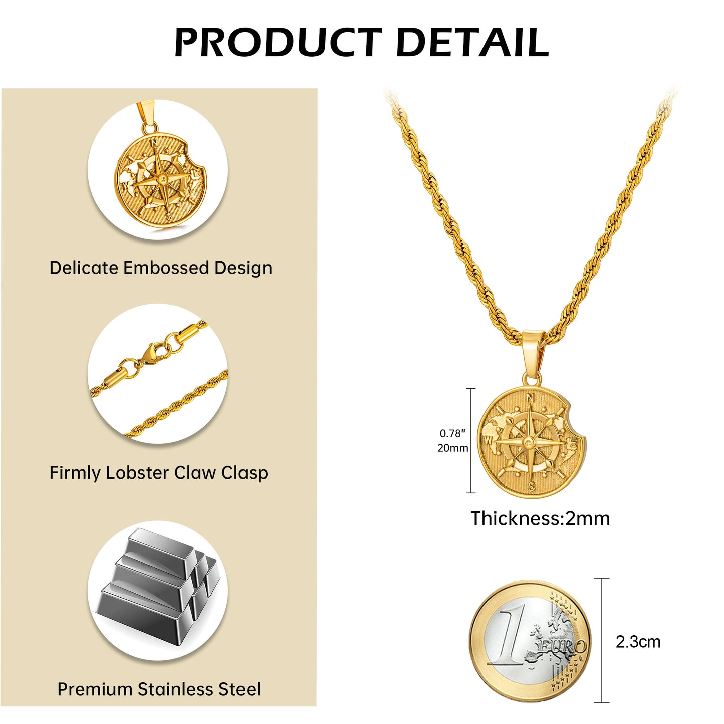 Gold Apple Compass Pendant Necklace Twisted Rope Chain N00390