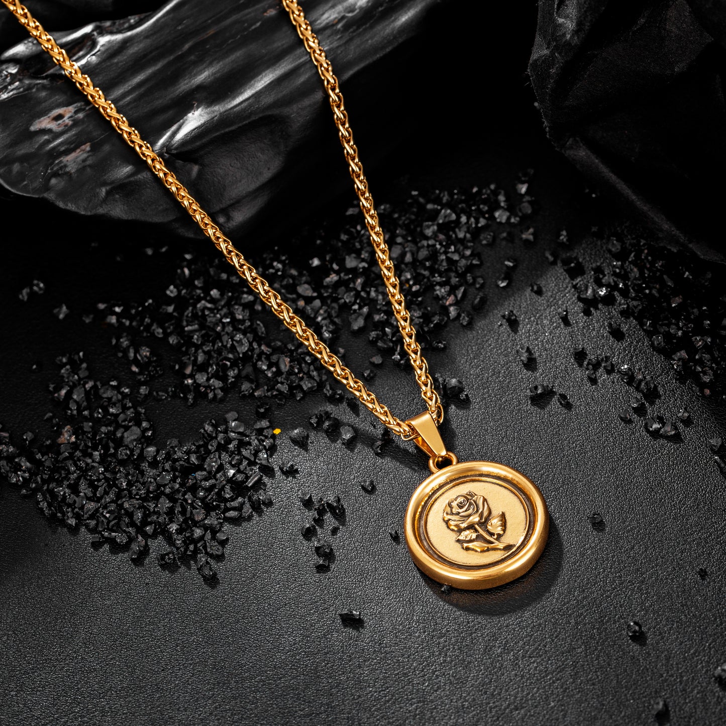 Gold Rose Pendant Necklace Wheat Chain N01561