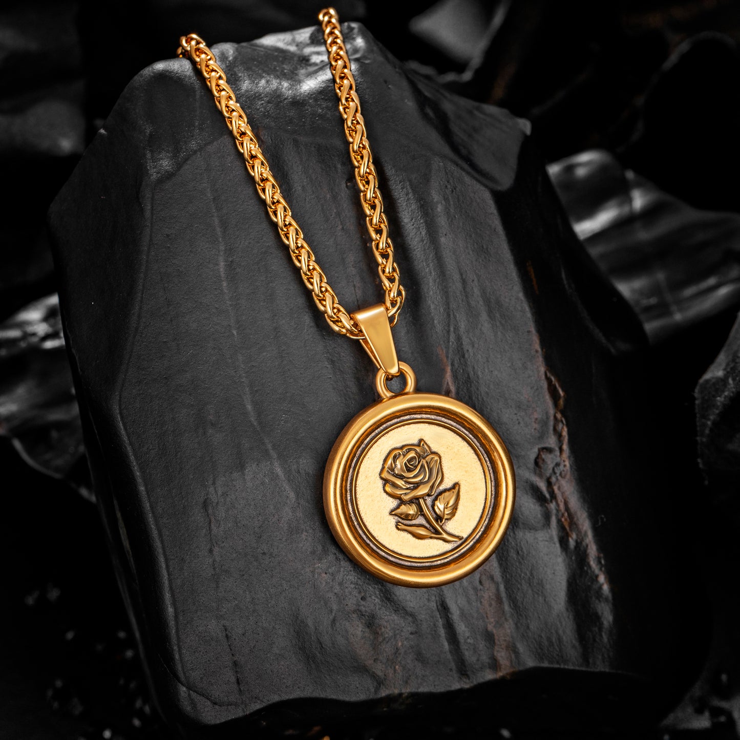 Gold Rose Pendant Necklace Wheat Chain N01561