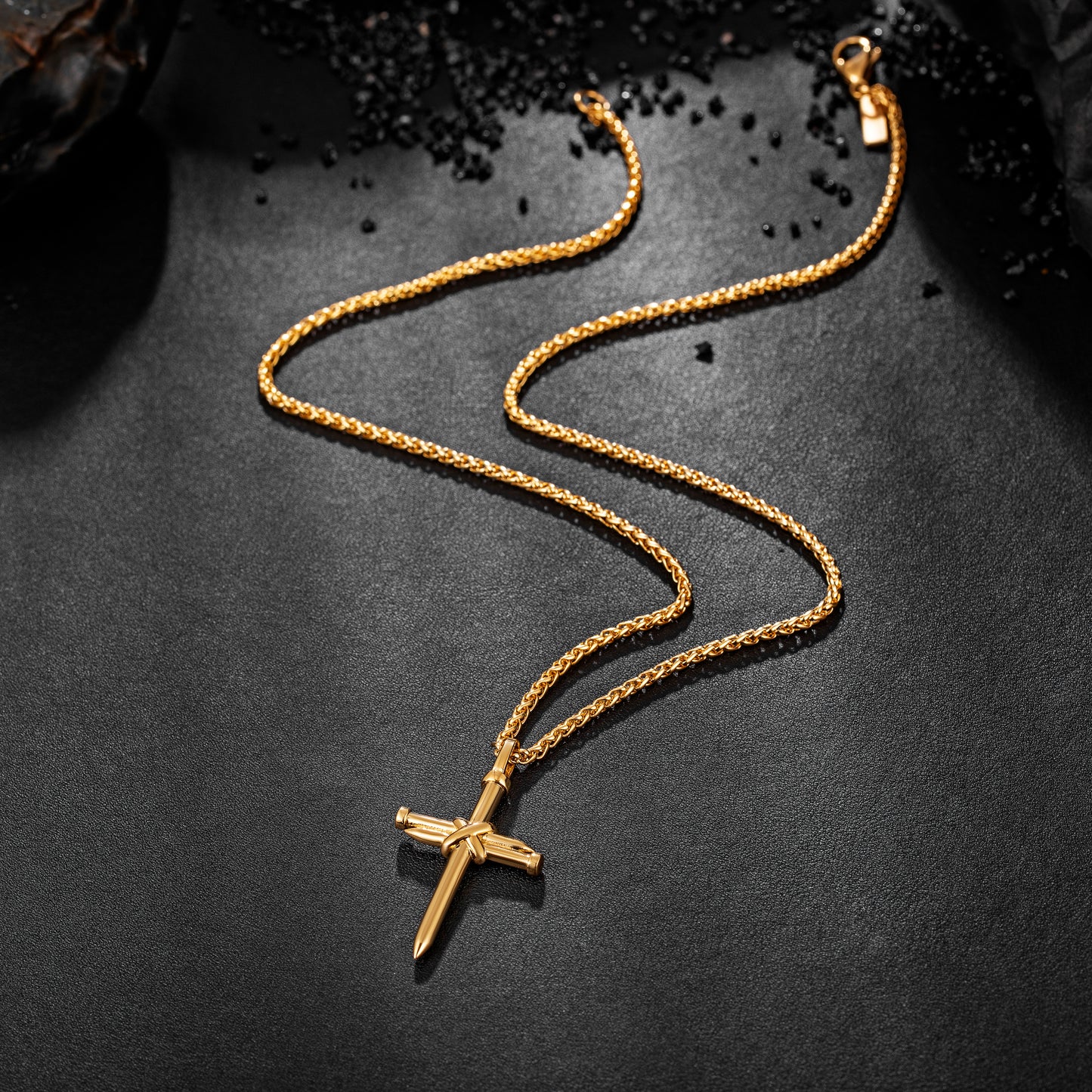 Gold Nail Cross Necklace Wheat Chain N01616