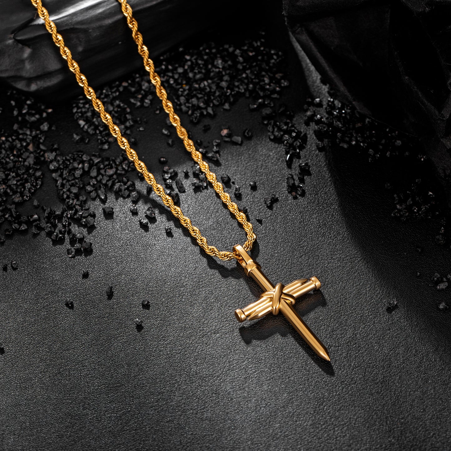 Gold Nail Cross Necklace Twisted Rope Chain N01615