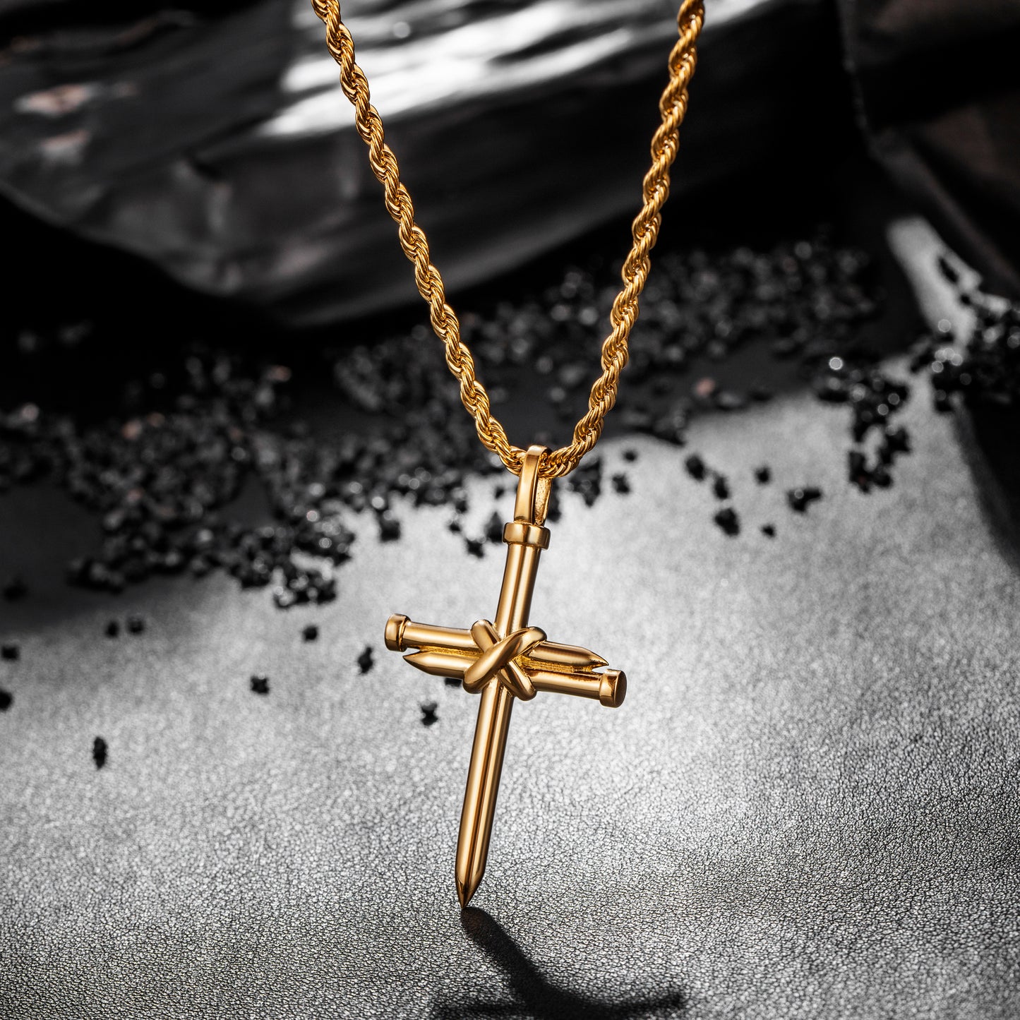 Gold Nail Cross Necklace Twisted Rope Chain N01615