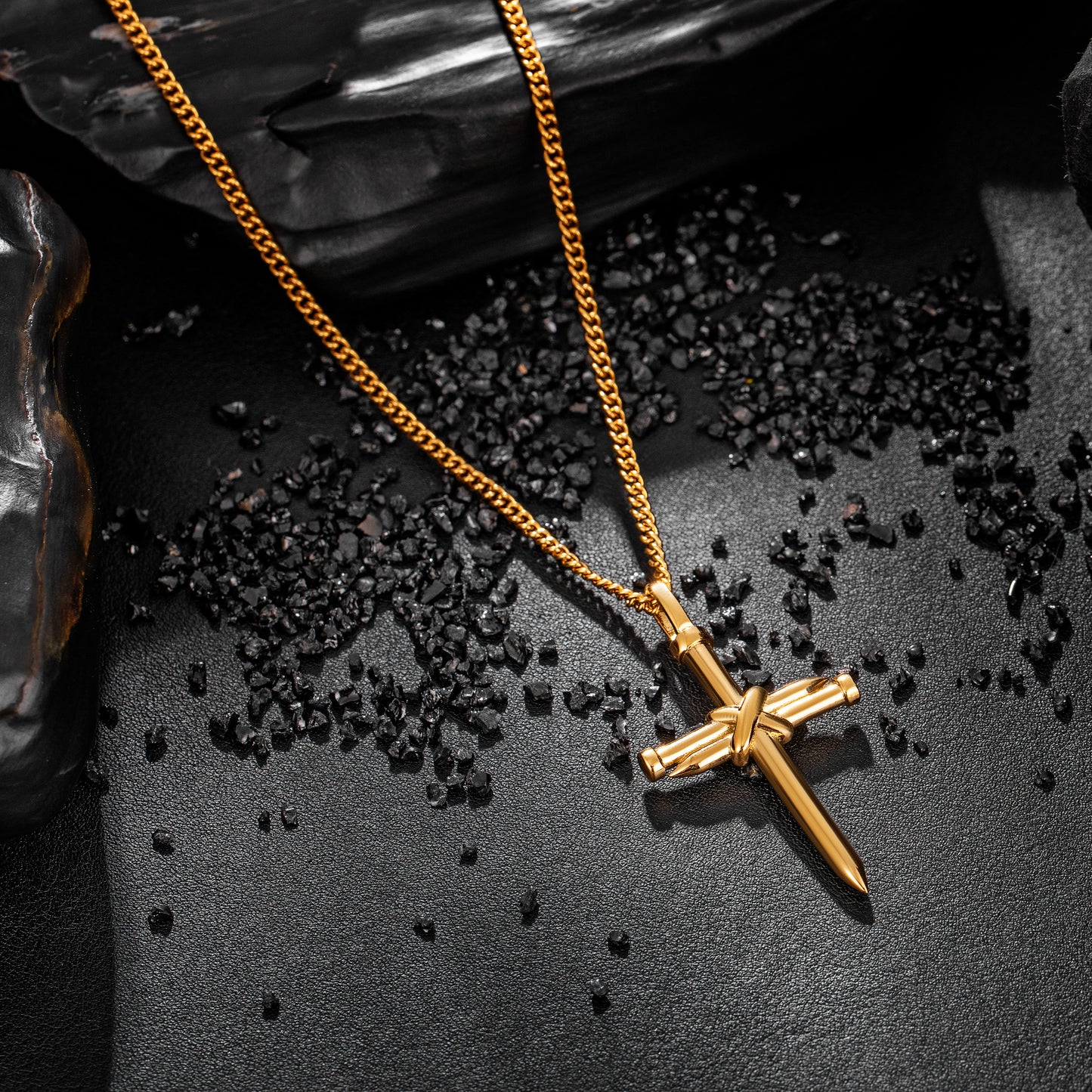 Gold Nail Cross Necklace Curb Chain N01610