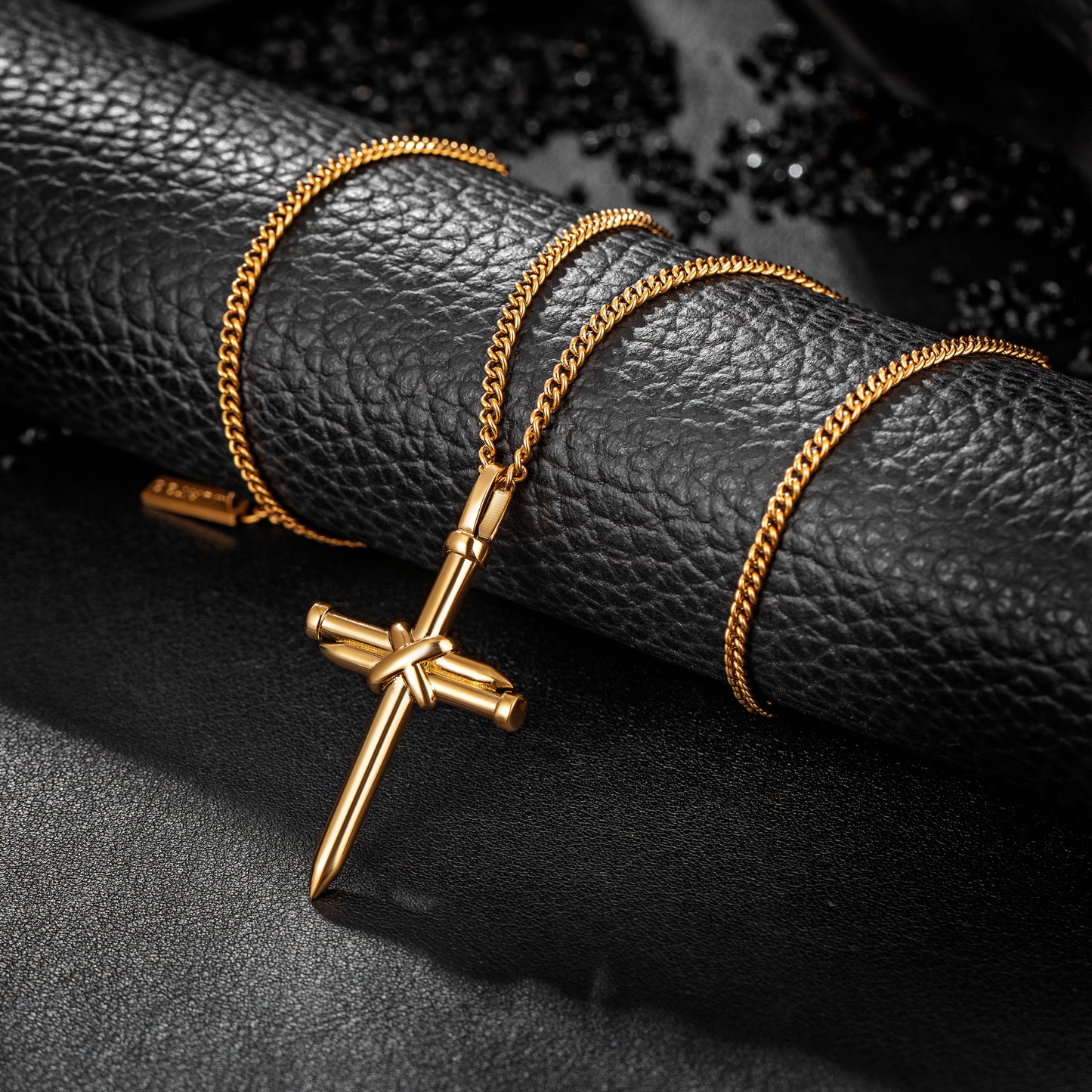 Gold Nail Cross Necklace Curb Chain N01610