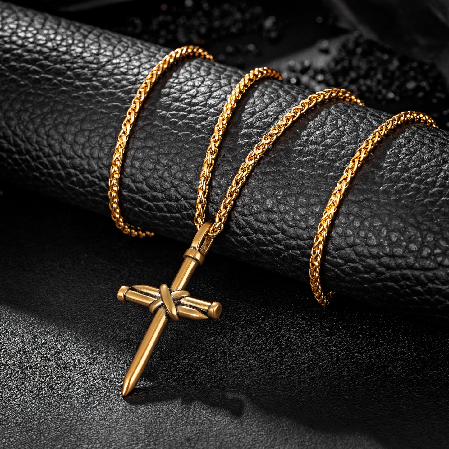 Antique Gold Nail Cross Necklace With Wheat Chain N01633