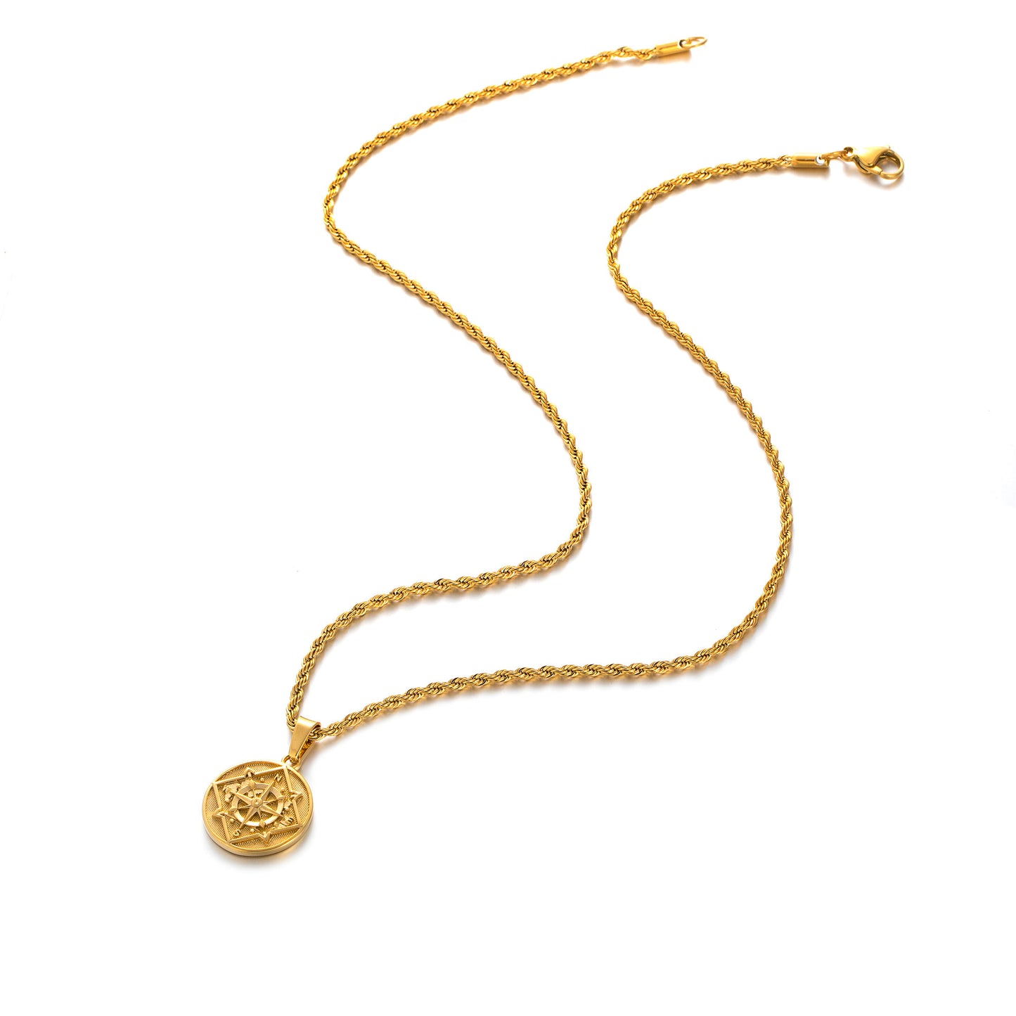 Gold Coin Compass Pendant Necklace Twisted Rope Chain N00382