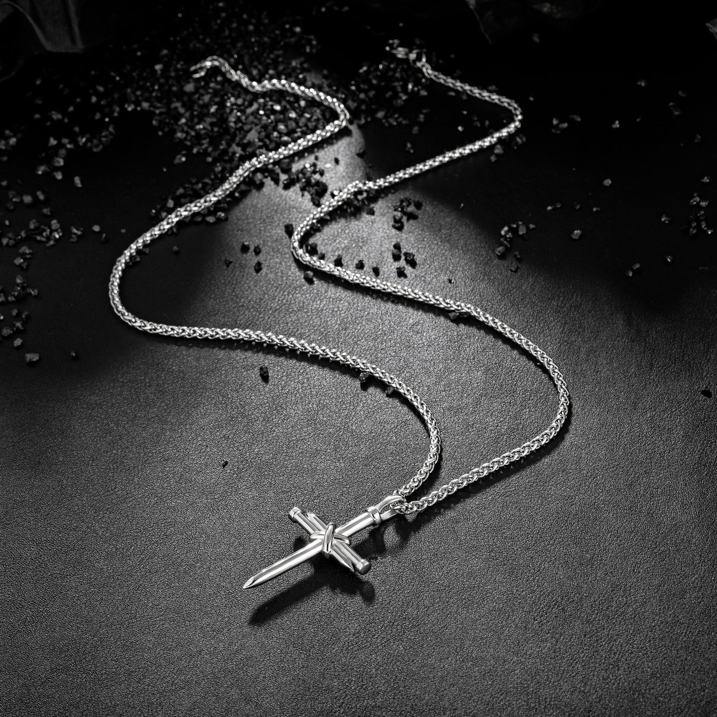 Silver Nail Cross Necklace Wheat Chain N00363