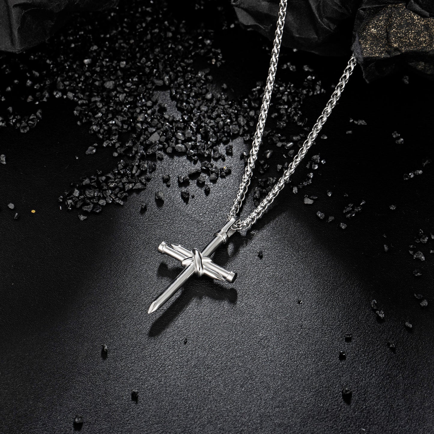 Silver Nail Cross Necklace Wheat Chain N00363