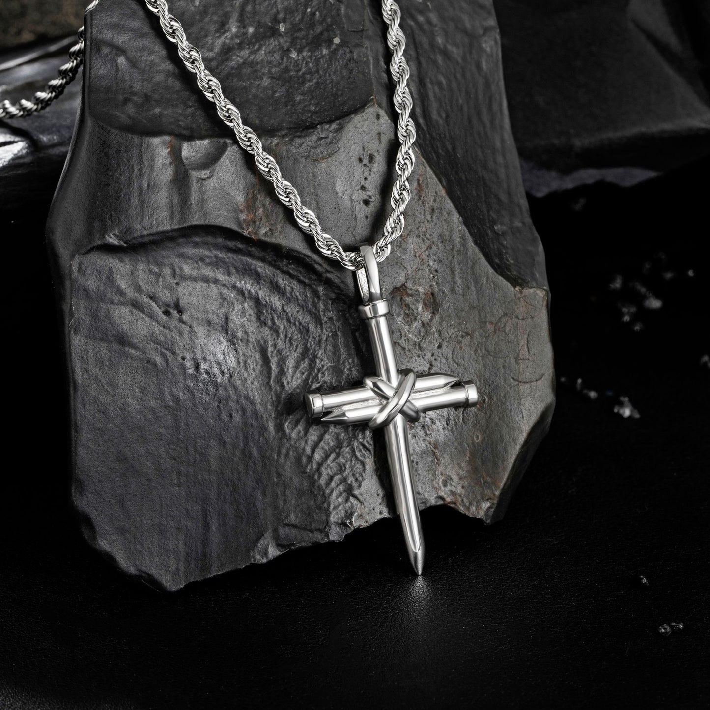 Silver Nail Cross Necklace Twisted Rope Chain N00362