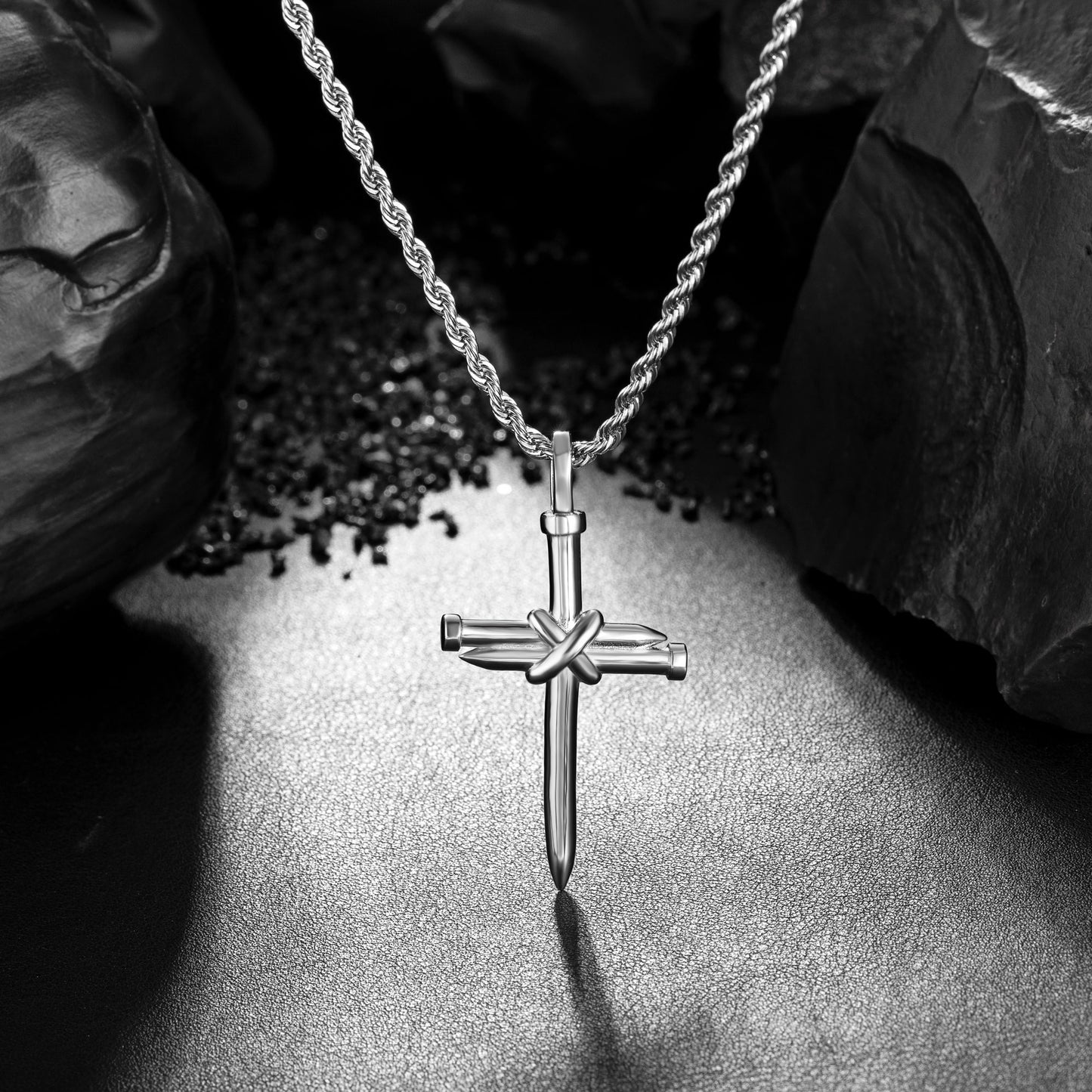 Silver Nail Cross Necklace Twisted Rope Chain N00362