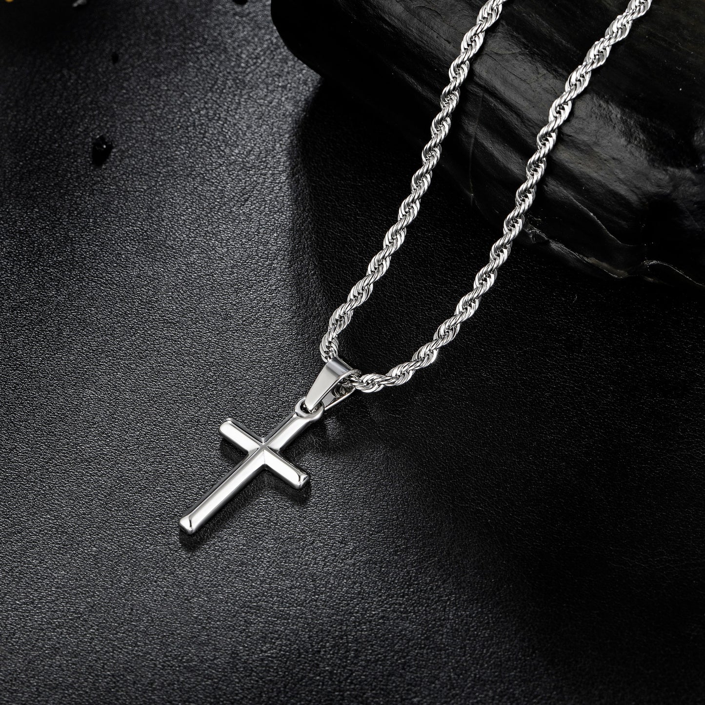 Silver Cross Necklace Twisted Rope Chain N00330