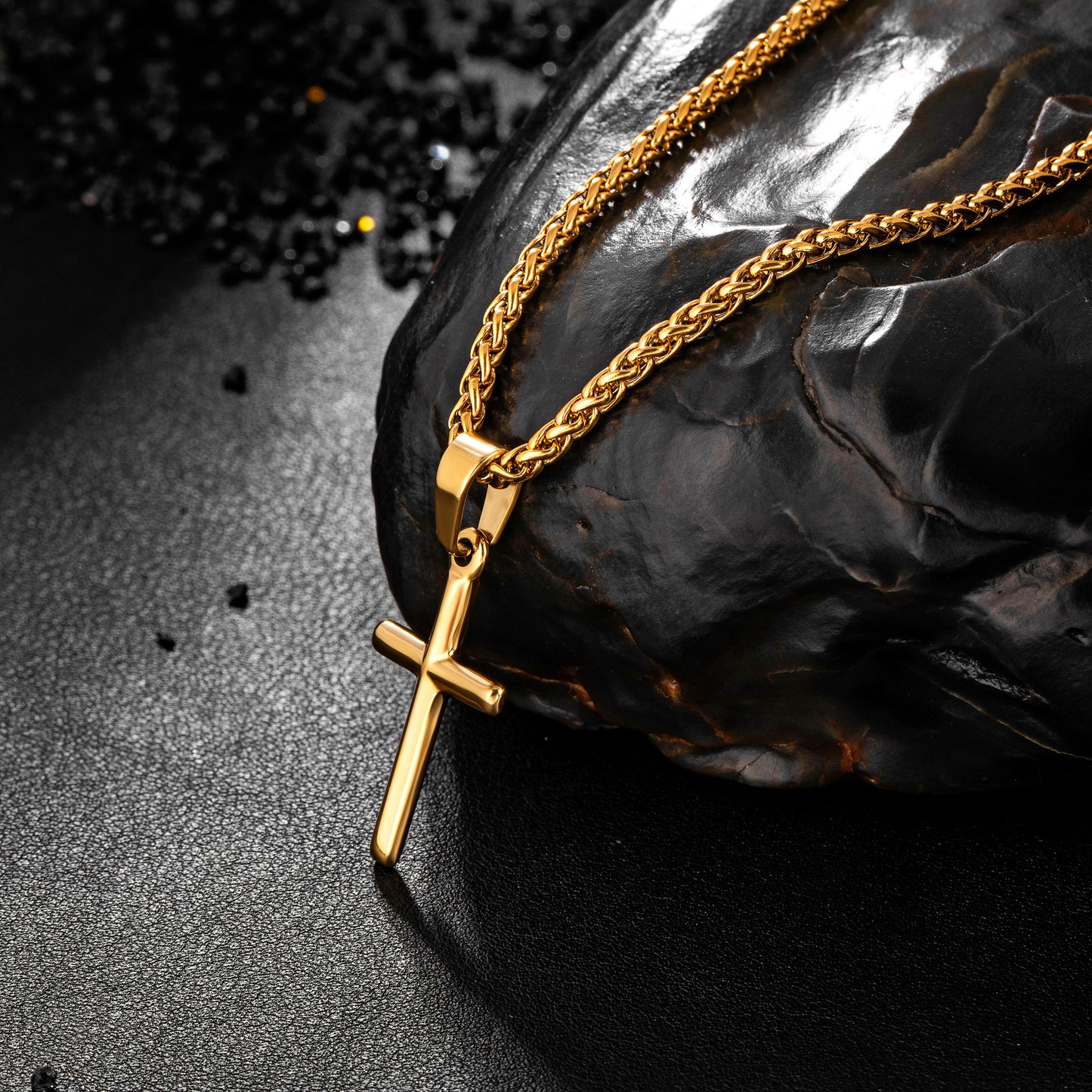 Gold Cross Necklace With Wheat Chain N00335