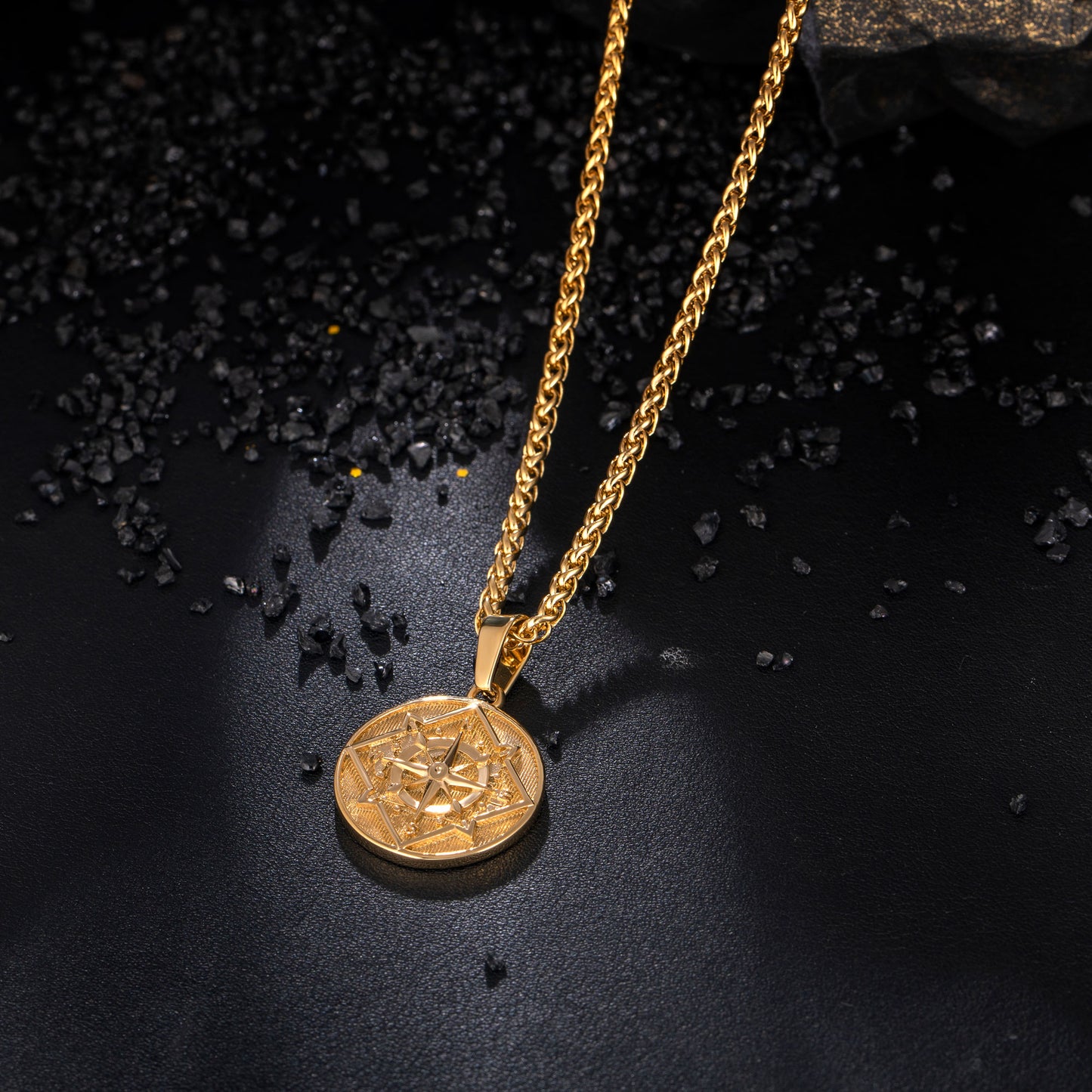 Gold Coin Compass Pendant Necklace Wheat Chain N00383