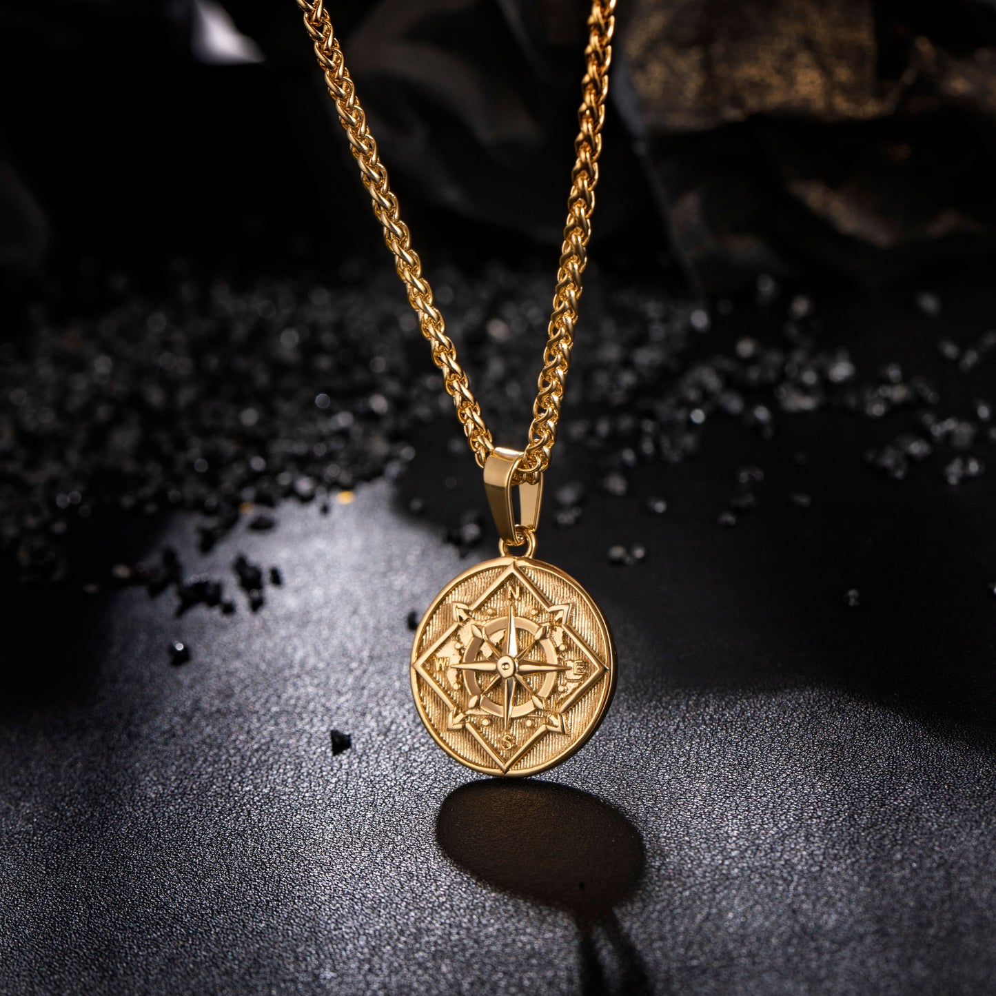 Gold Coin Compass Pendant Necklace Wheat Chain N00383