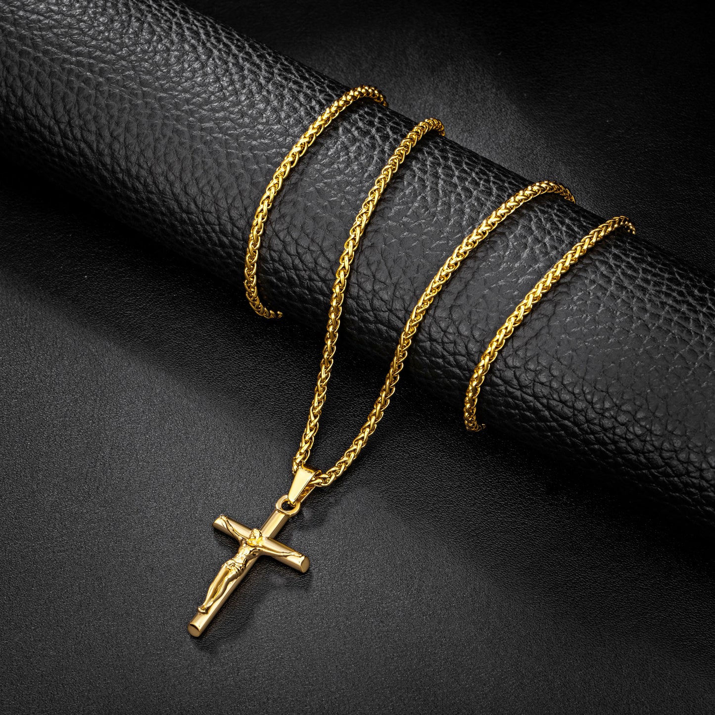 Gold Jesus Cross Necklace Wheat Chain N00424