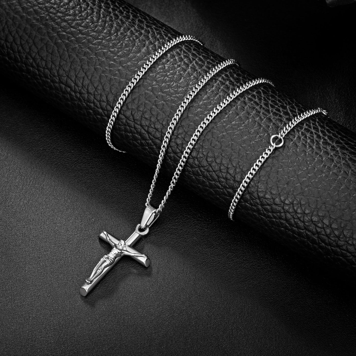 Silver Jesus Cross Necklace Curb Chain N00411