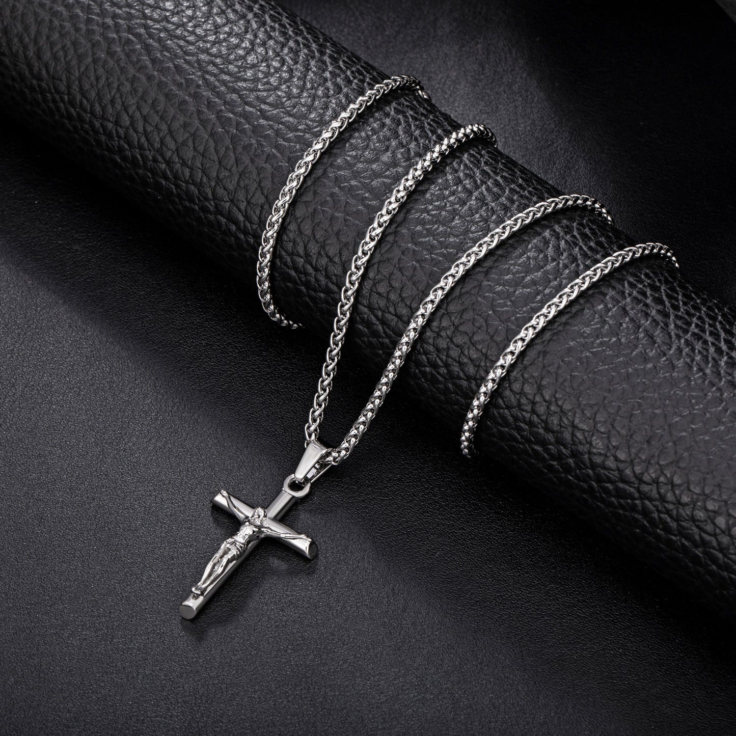 Silver Jesus Cross Necklace Wheat Chain N00418