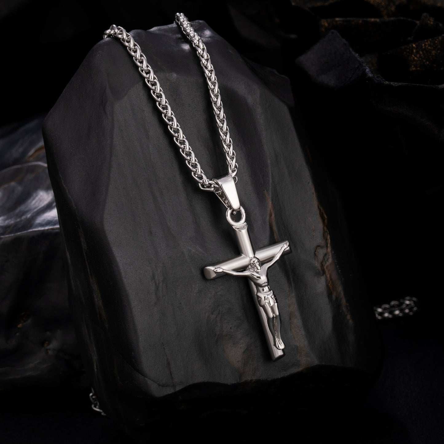 Silver Jesus Cross Necklace Wheat Chain N00418