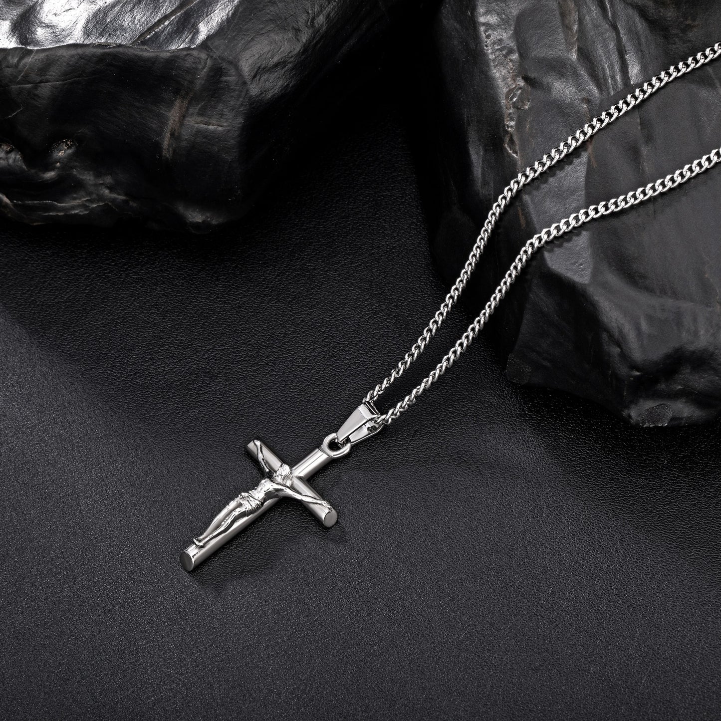 Silver Jesus Cross Necklace Curb Chain N00411