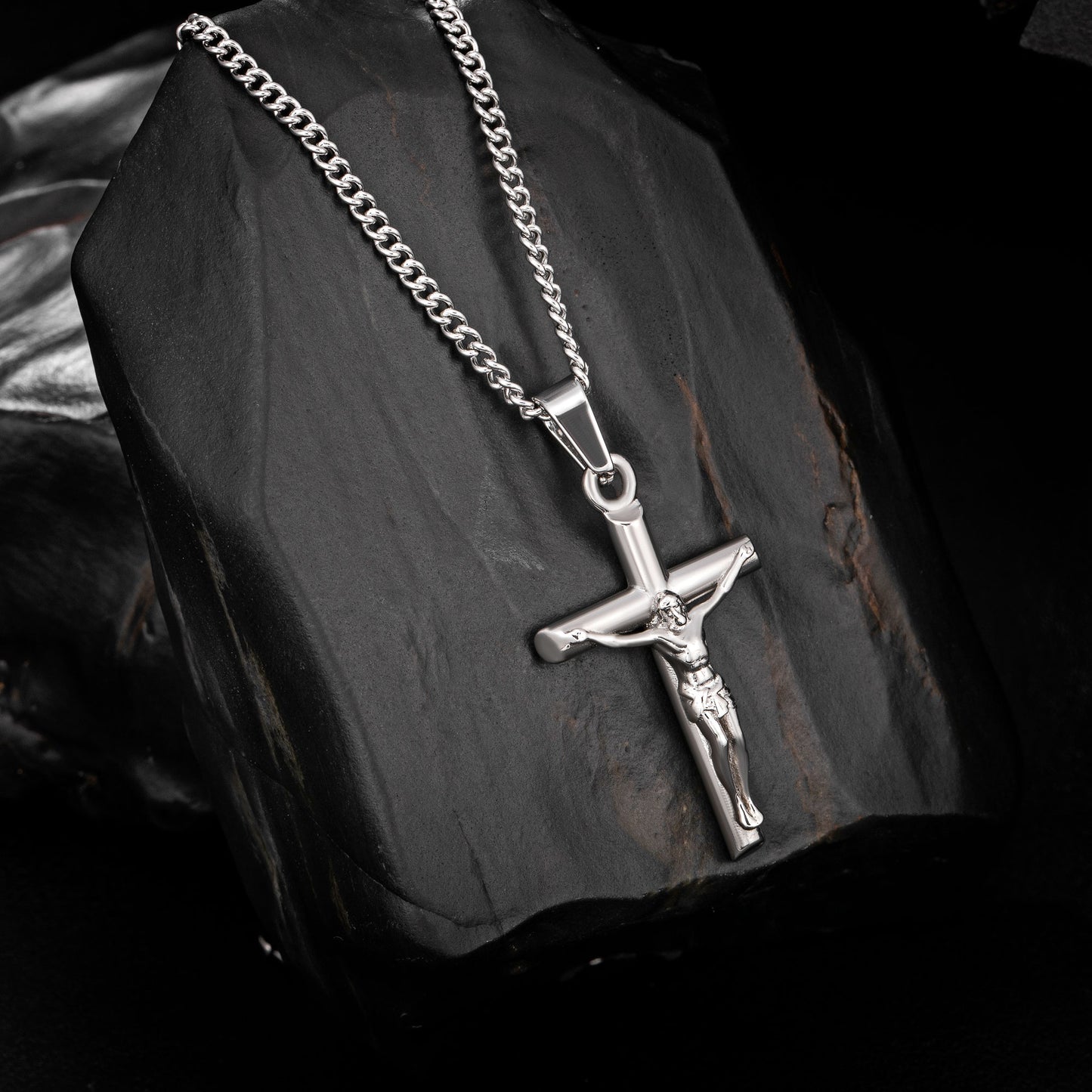 Silver Jesus Cross Necklace Curb Chain N00411