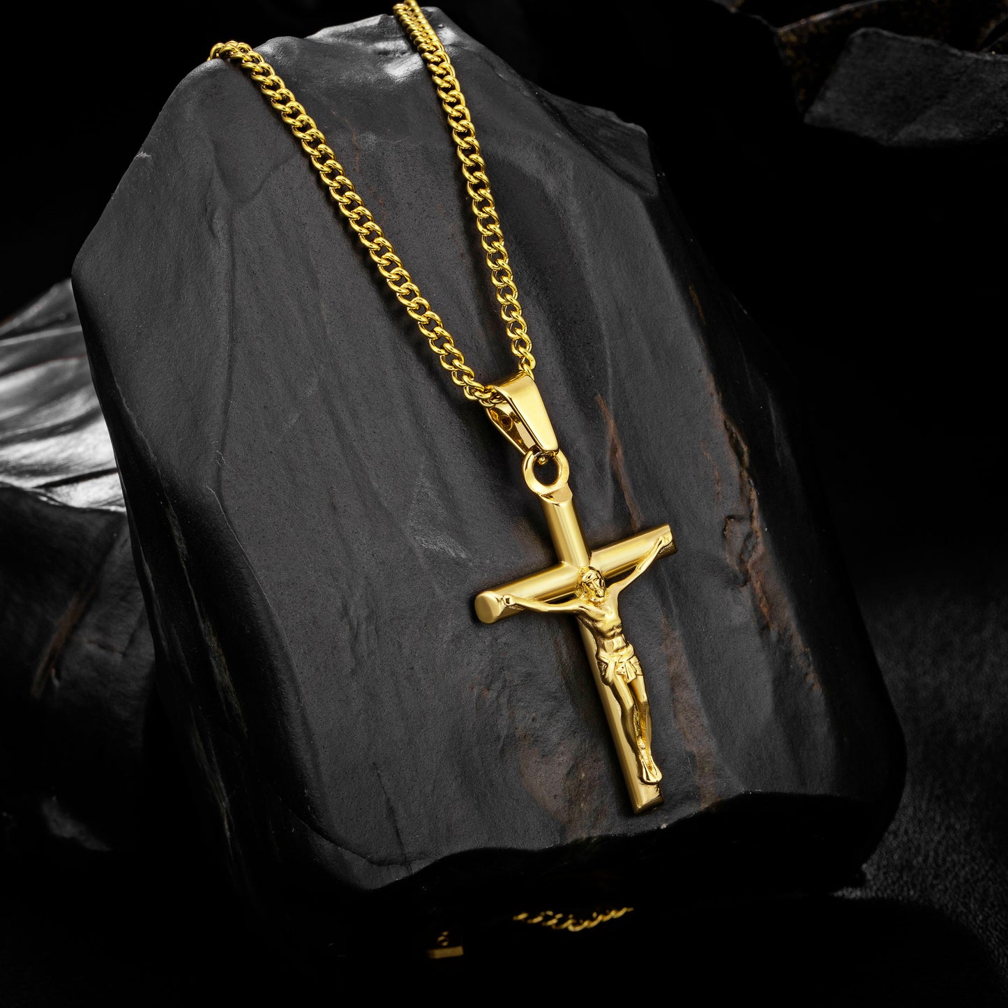 Gold Jesus Cross tNecklace Curb Chain N00414