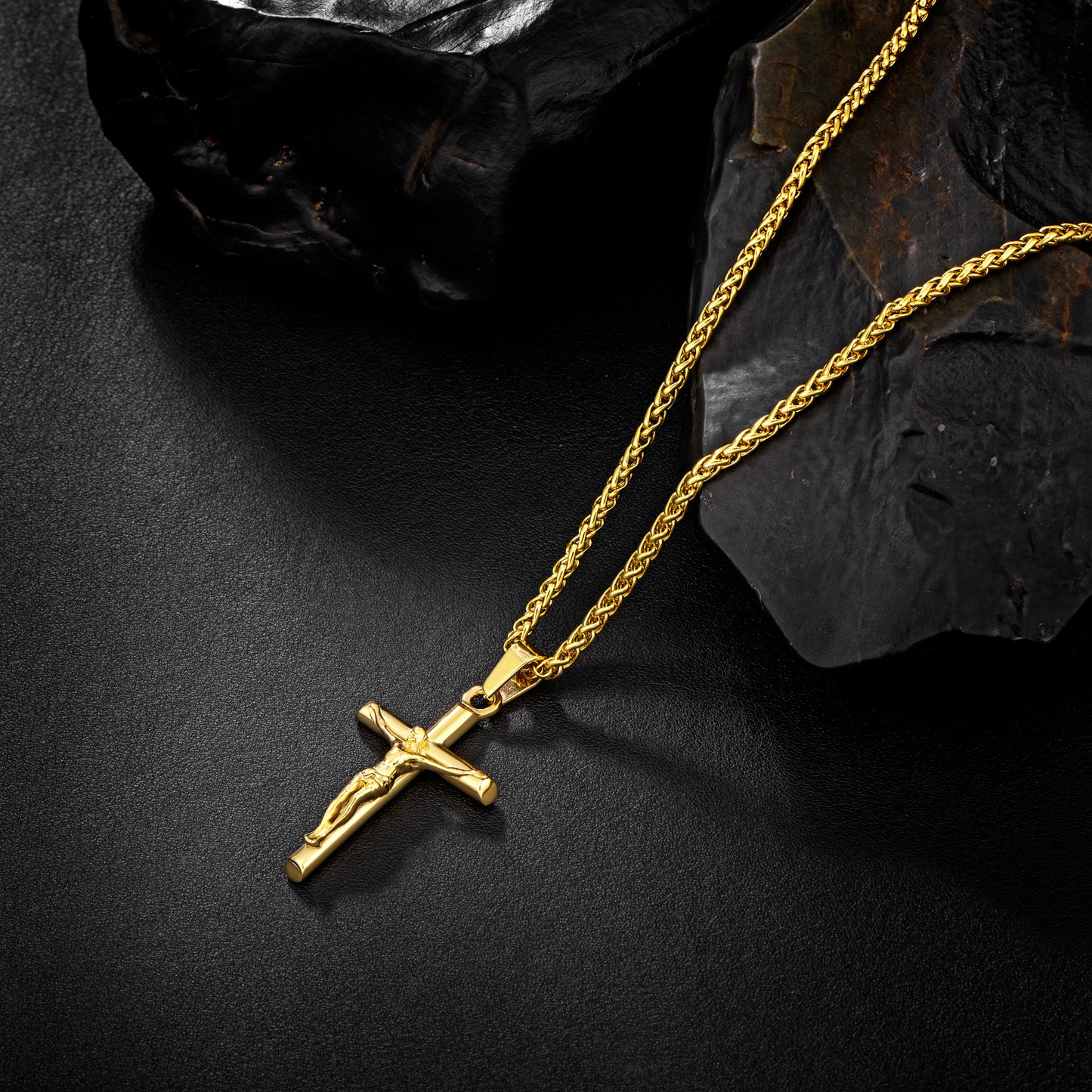 Gold Jesus Cross Necklace Wheat Chain N00424