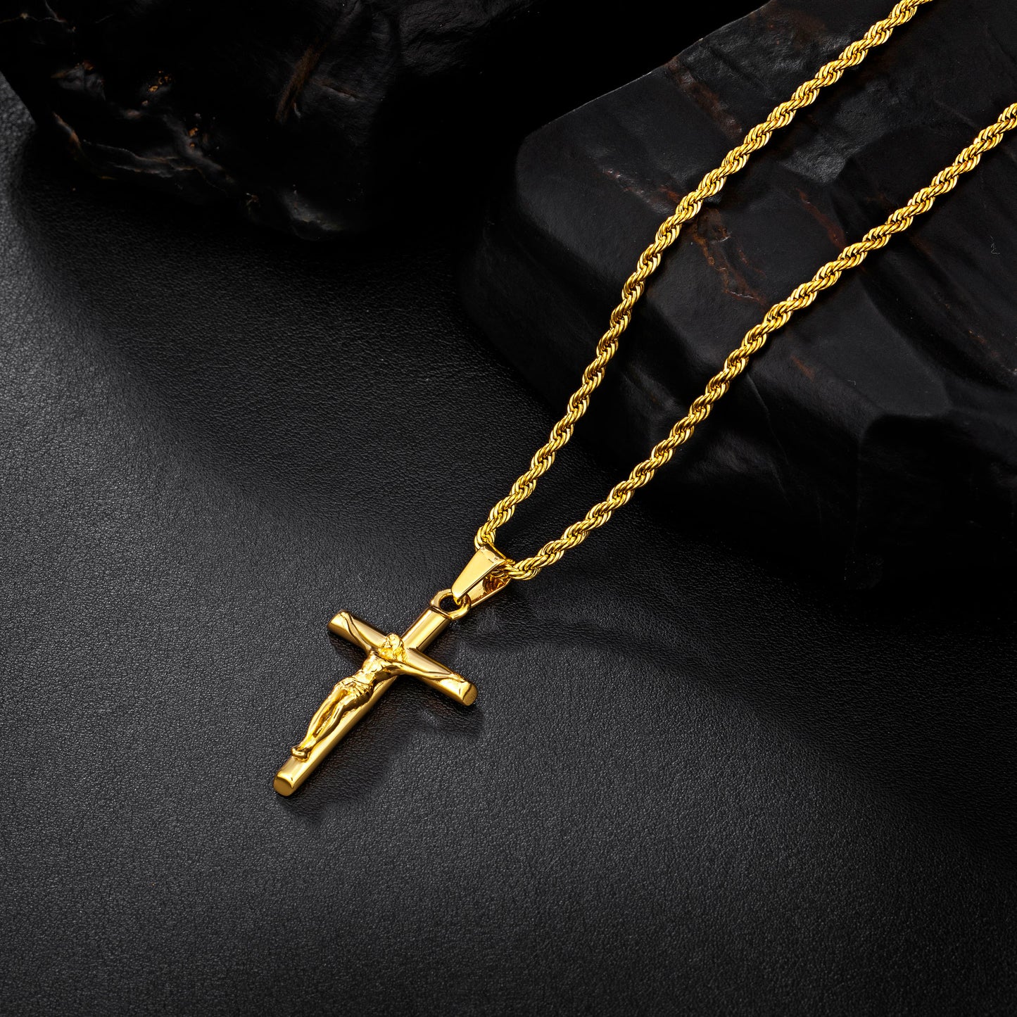 Gold Jesus Cross Necklace Twisted Rope Chain N00423