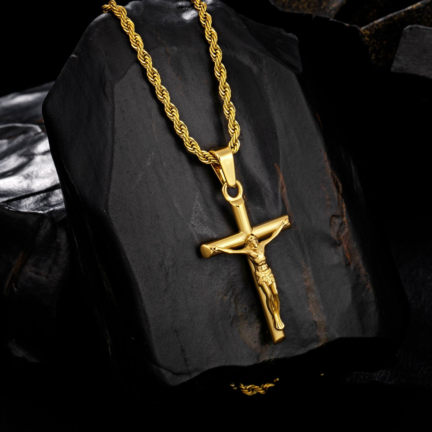 Gold Jesus Cross Necklace Twisted Rope Chain N00423