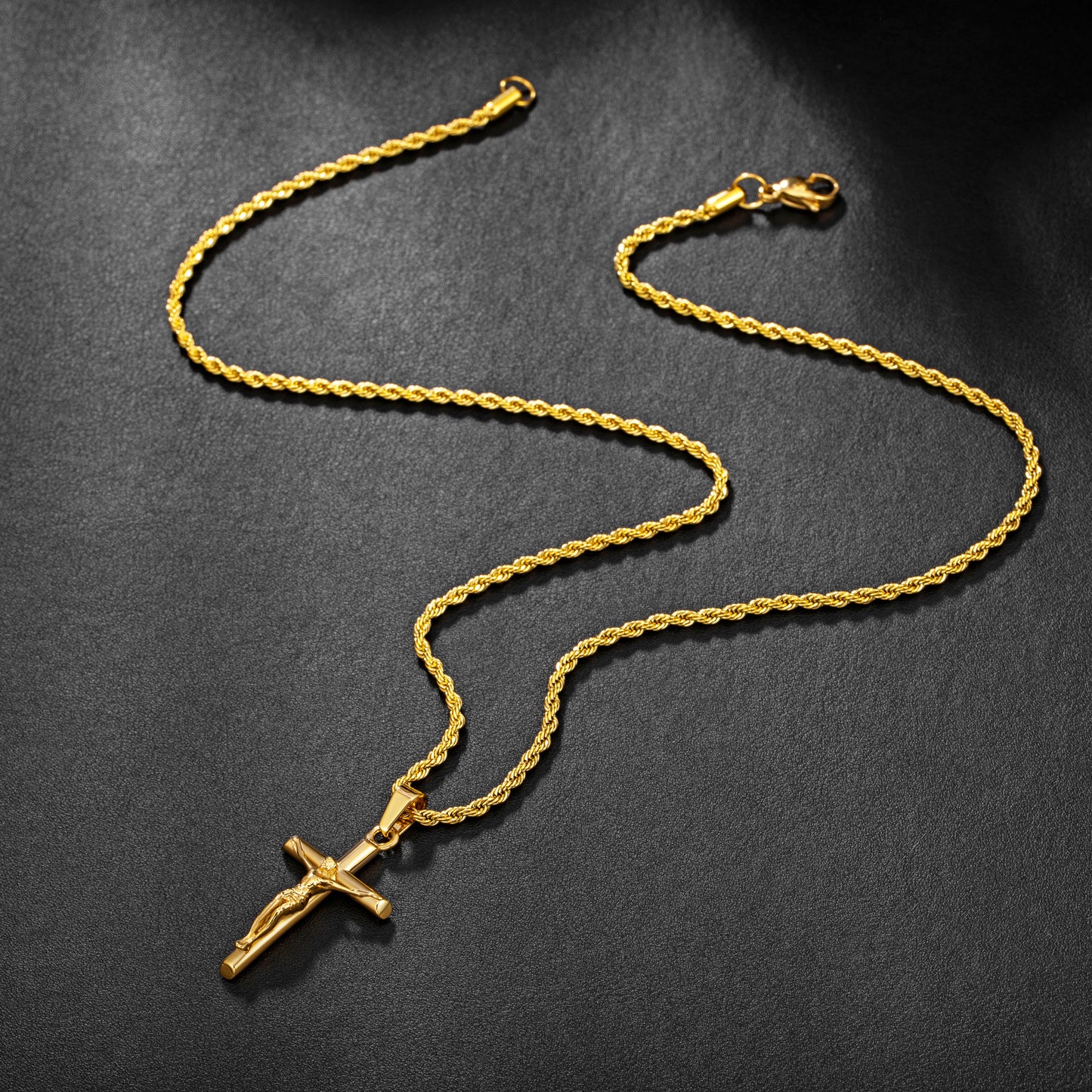 Gold Jesus Cross Necklace Twisted Rope Chain N00423