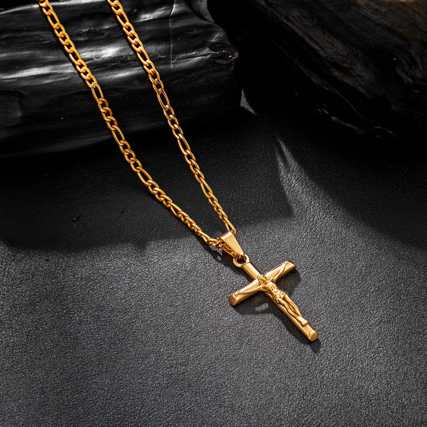 Gold Jesus Cross Necklace Figaro Chain N01790