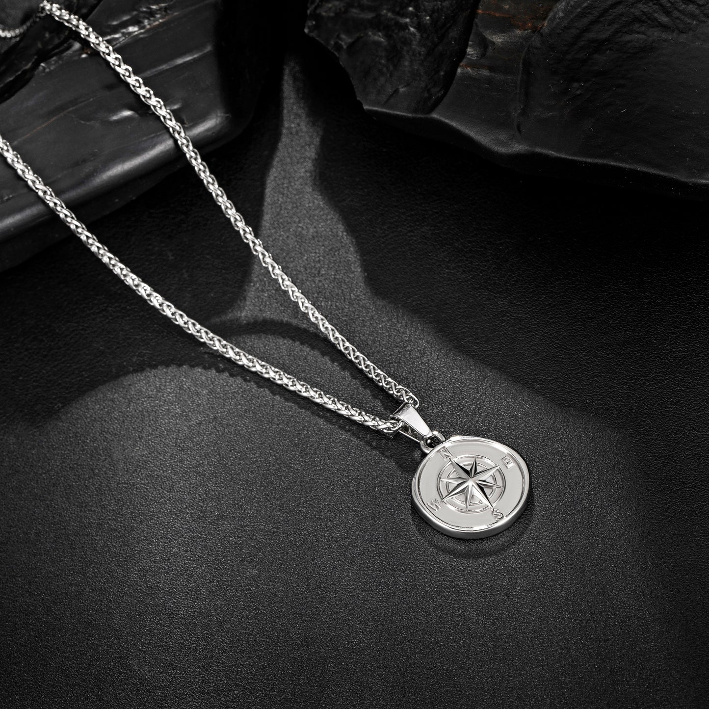 Silver Compass Pendant Necklace Wheat Chain N00649