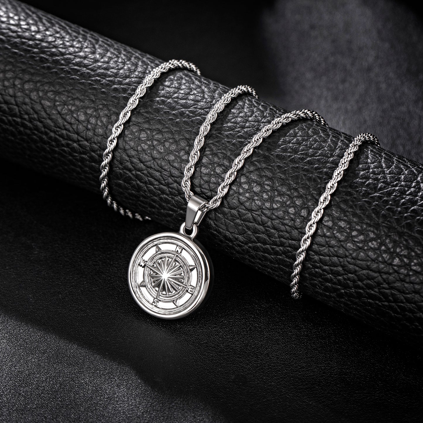 Silver Compass Pendant Necklace Twisted Rope Chain N00670