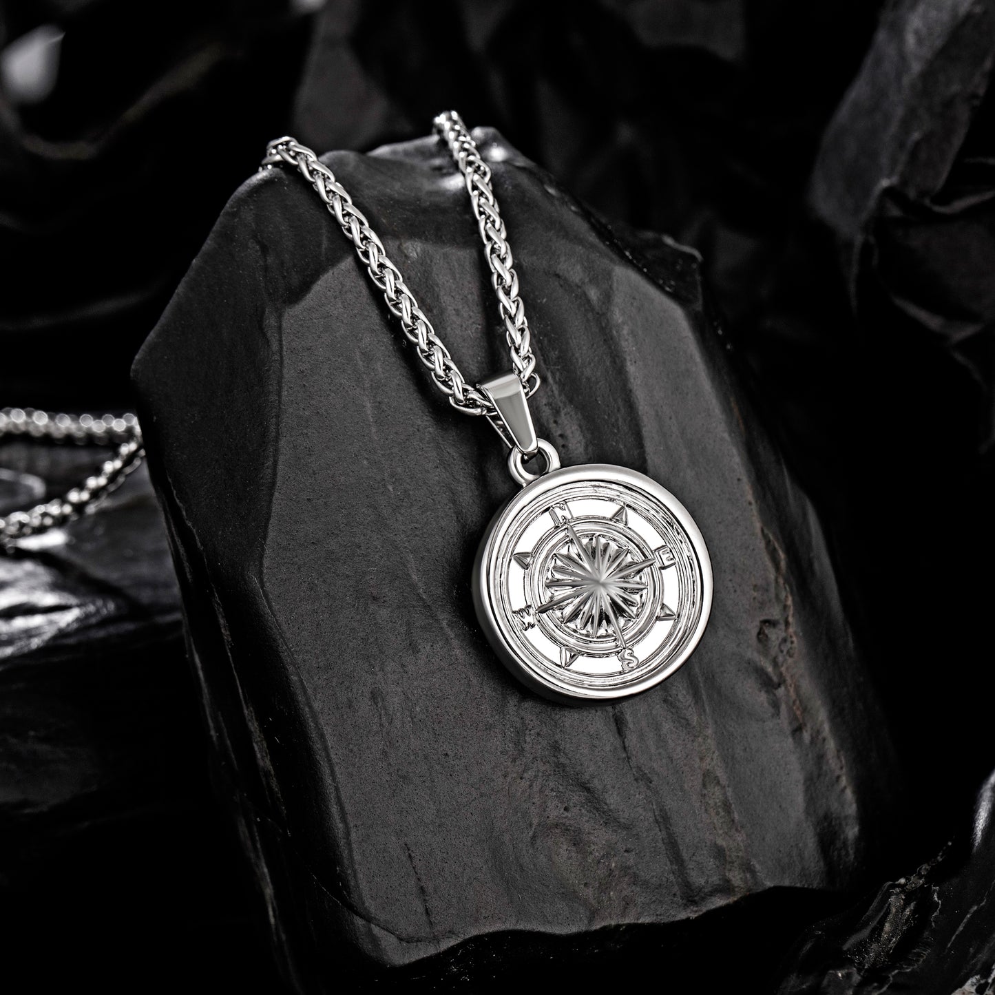 Silver Compass Pendant Necklace Wheat Chain N00671