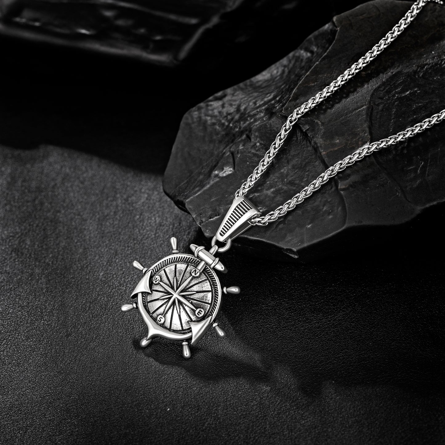 Antique Silver Anchor Compass Pendant Necklace Wheat Chain N00583