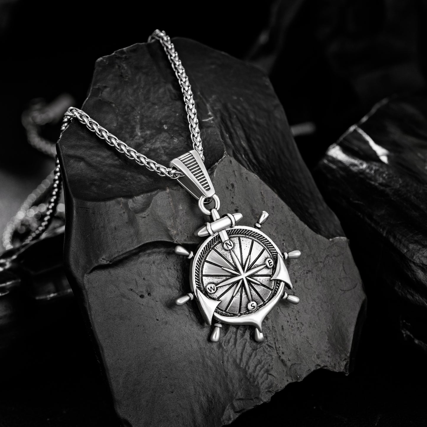 Antique Silver Anchor Compass Pendant Necklace Wheat Chain N00583