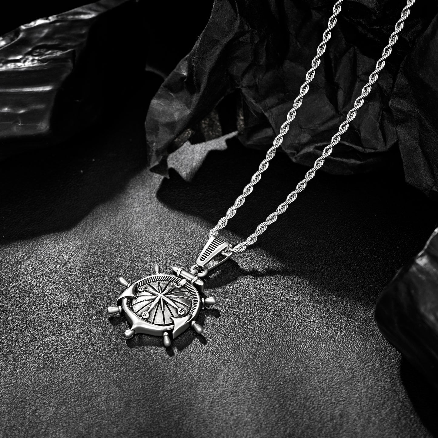 Antique Silver Anchor Compass Pendant Necklace Twisted Rope Chain N00582