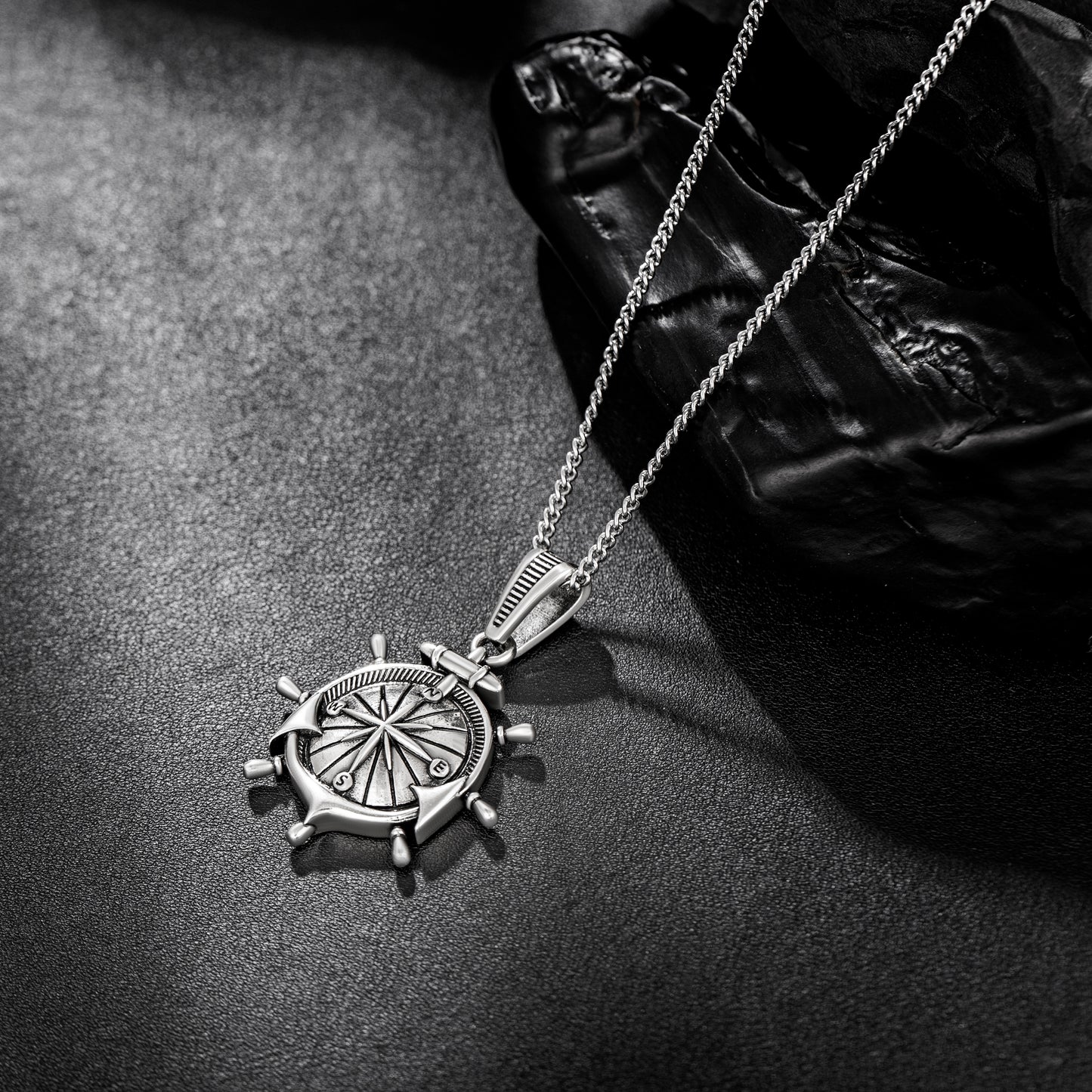 Antique Silver Anchor Compass Pendant Necklace Curb Chain N00579