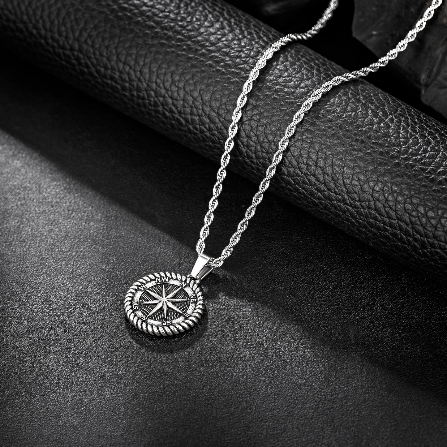 Antique Silver  Compass Pendant Necklace Twisted Rope Chain N00593