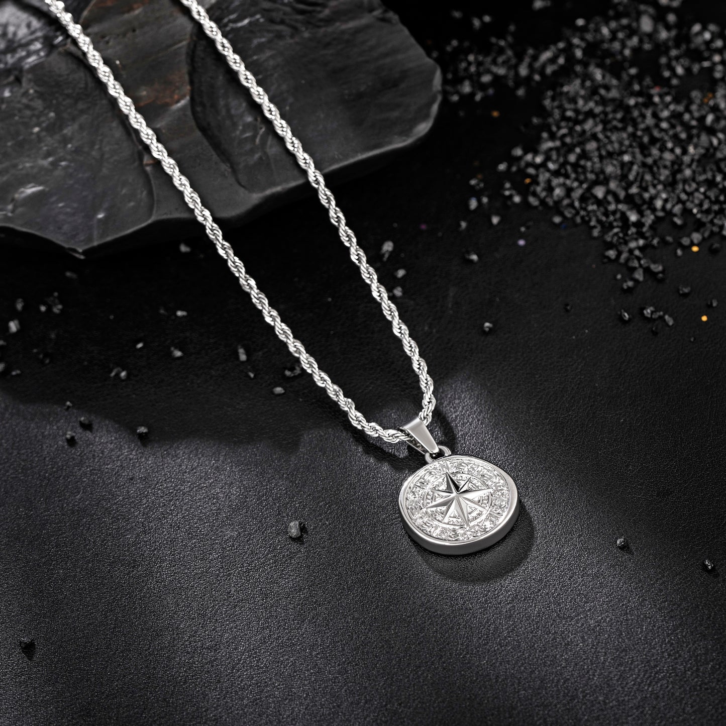 Silver Compass Pendant Necklace Twisted Rope Chain N00692