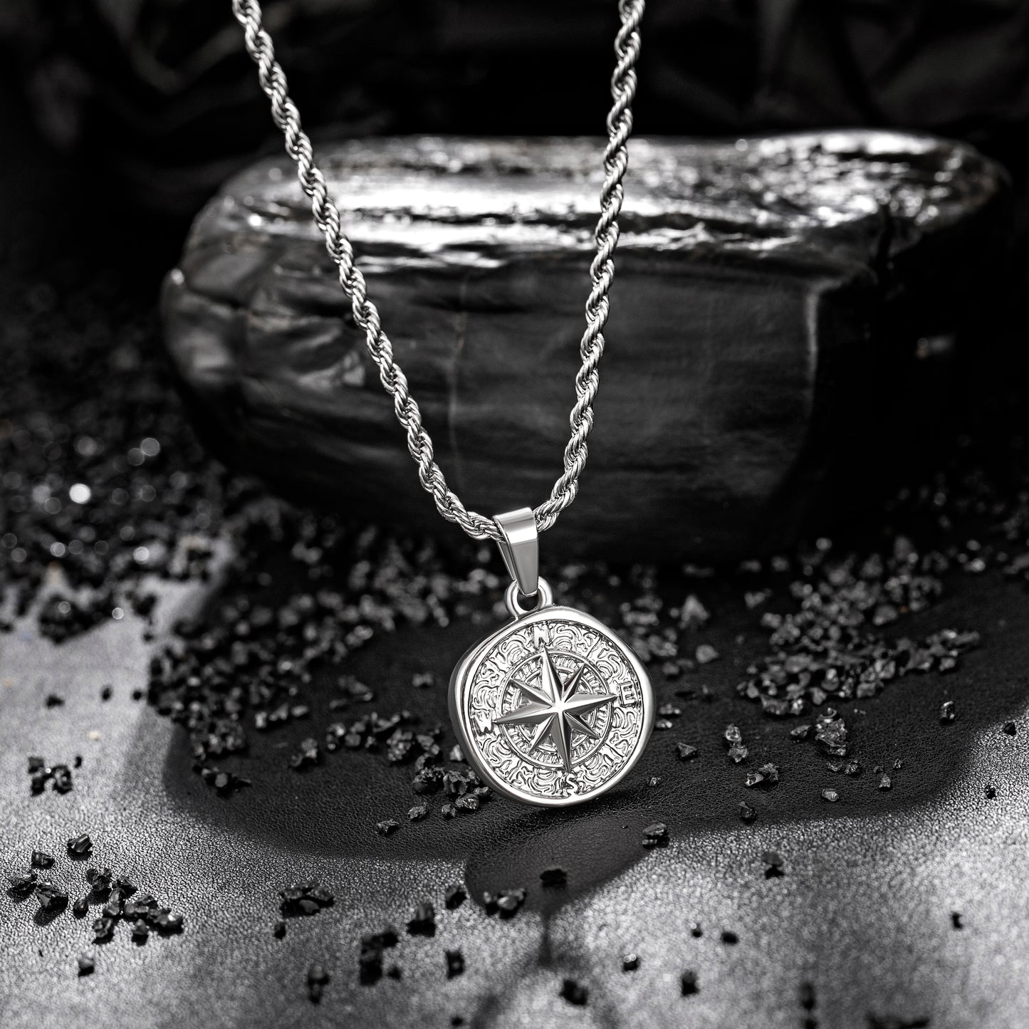 Silver Compass Pendant Necklace Twisted Rope Chain N00692