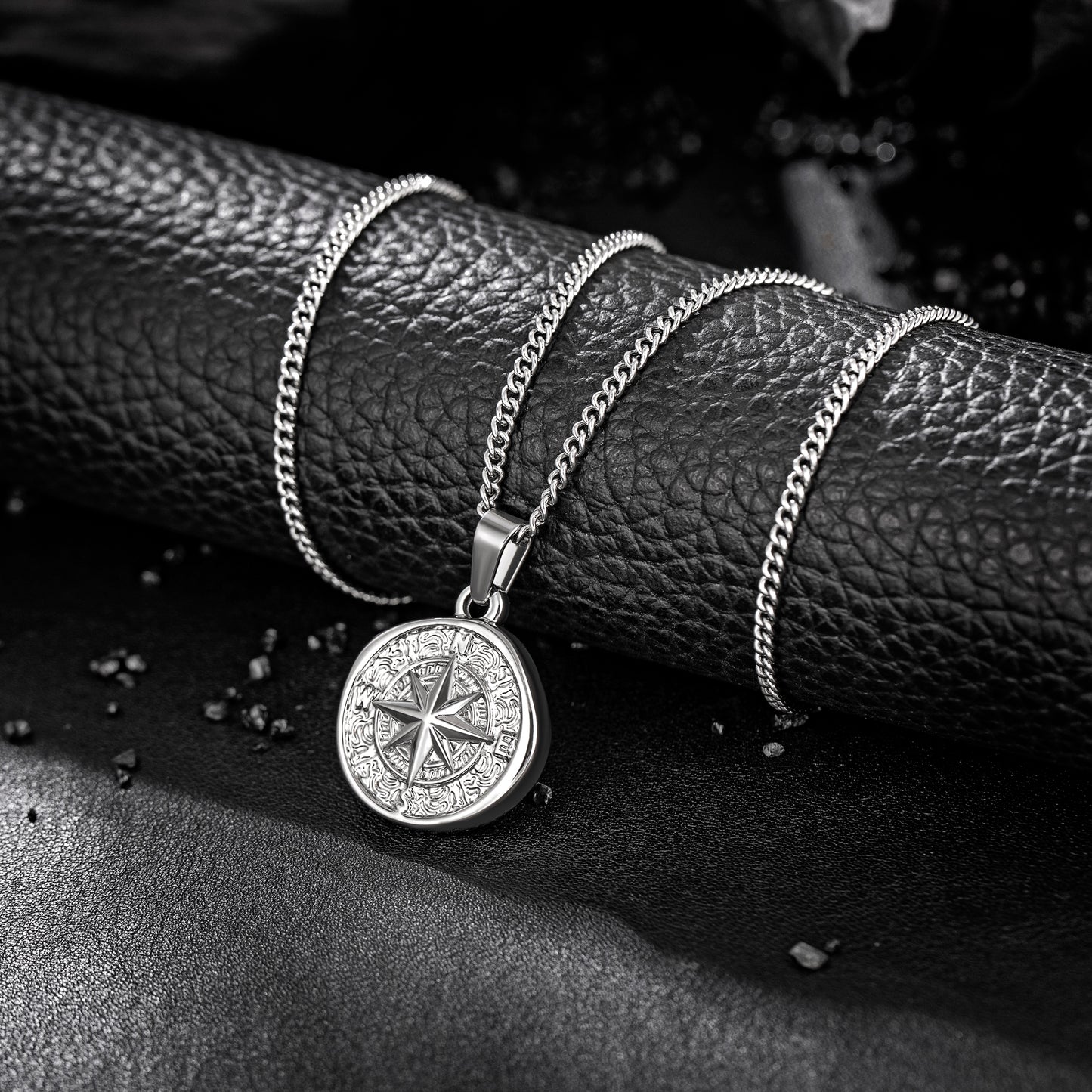 Silver Compass Pendant Necklace Curb Chain N00689