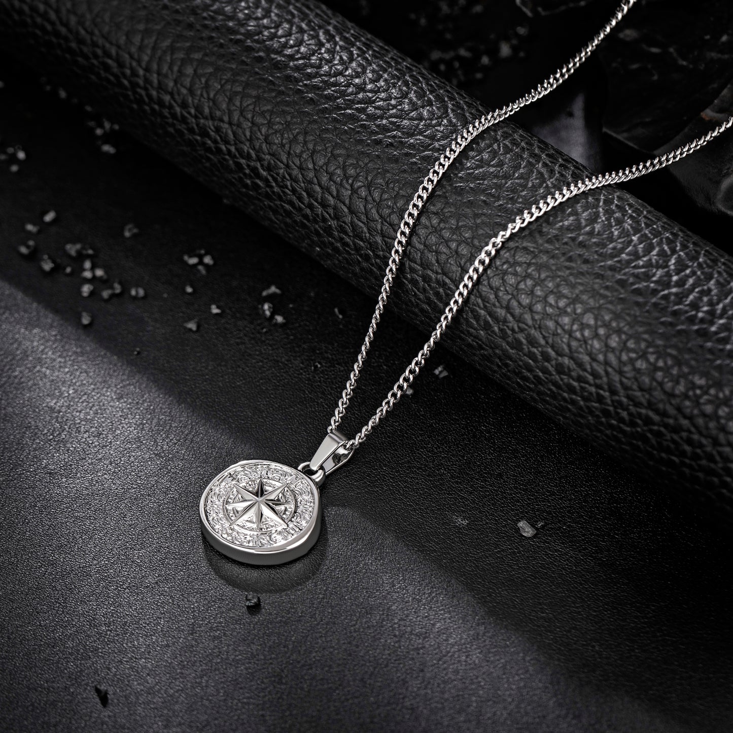 Silver Compass Pendant Necklace Curb Chain N00689