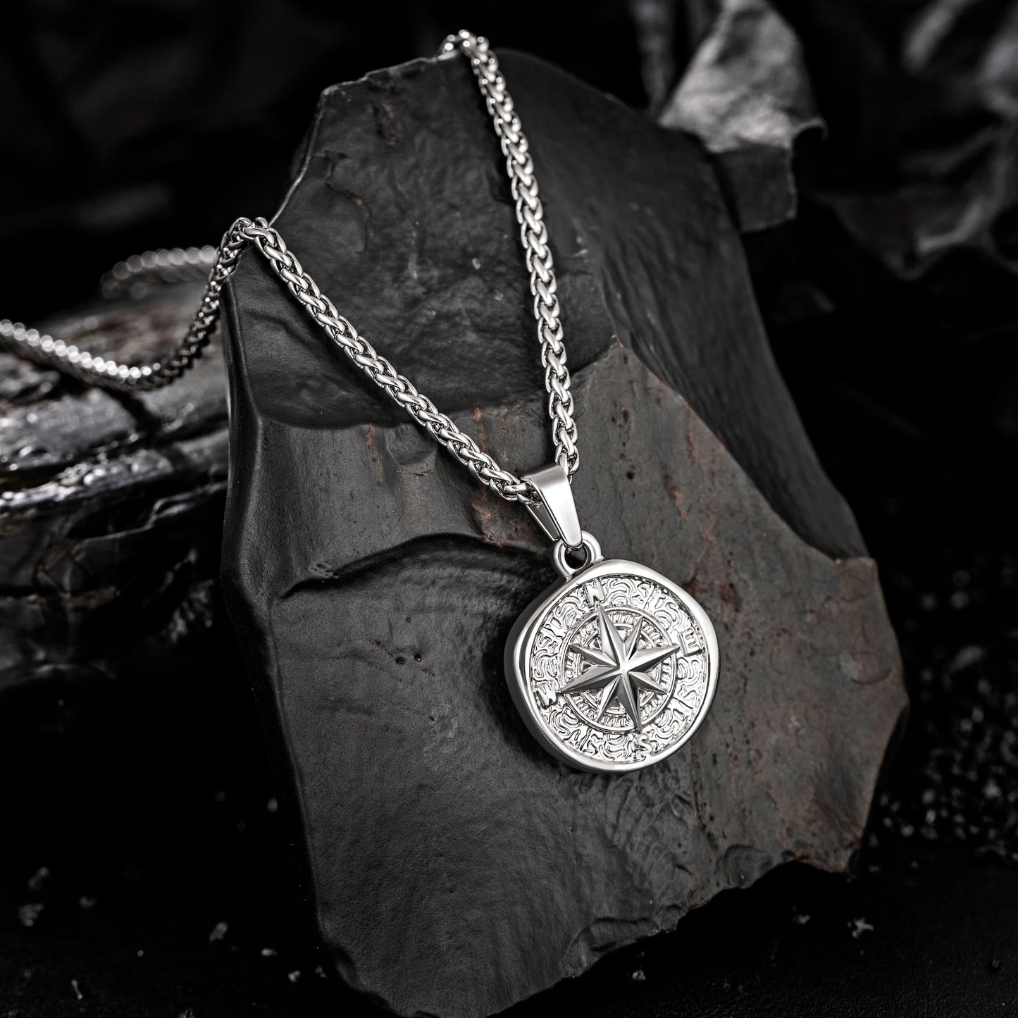 Silver Compass Pendant Necklace Wheat Chain N00693